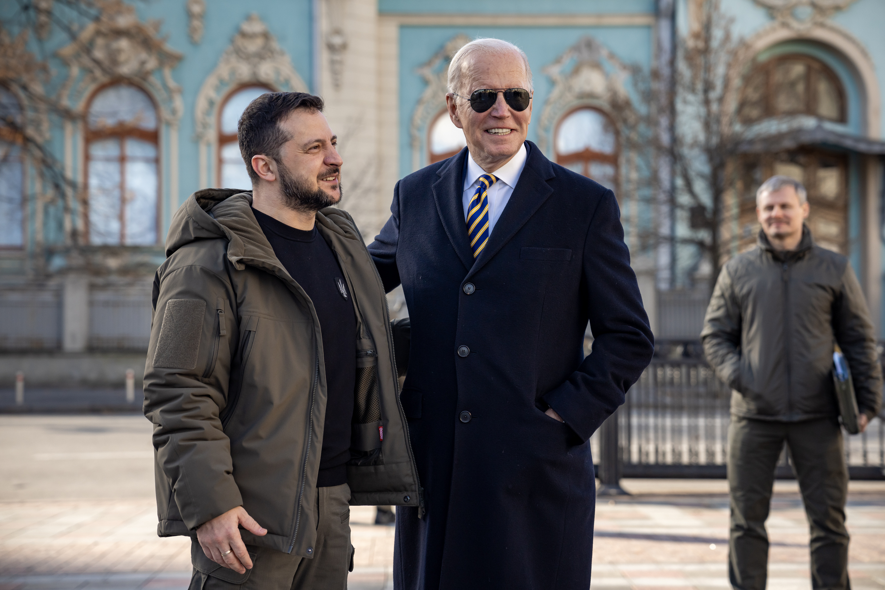 President Biden walks with Ukrainian President Volodymyr Zelenskyy during an unannounced trip to Kyiv, Ukraine.